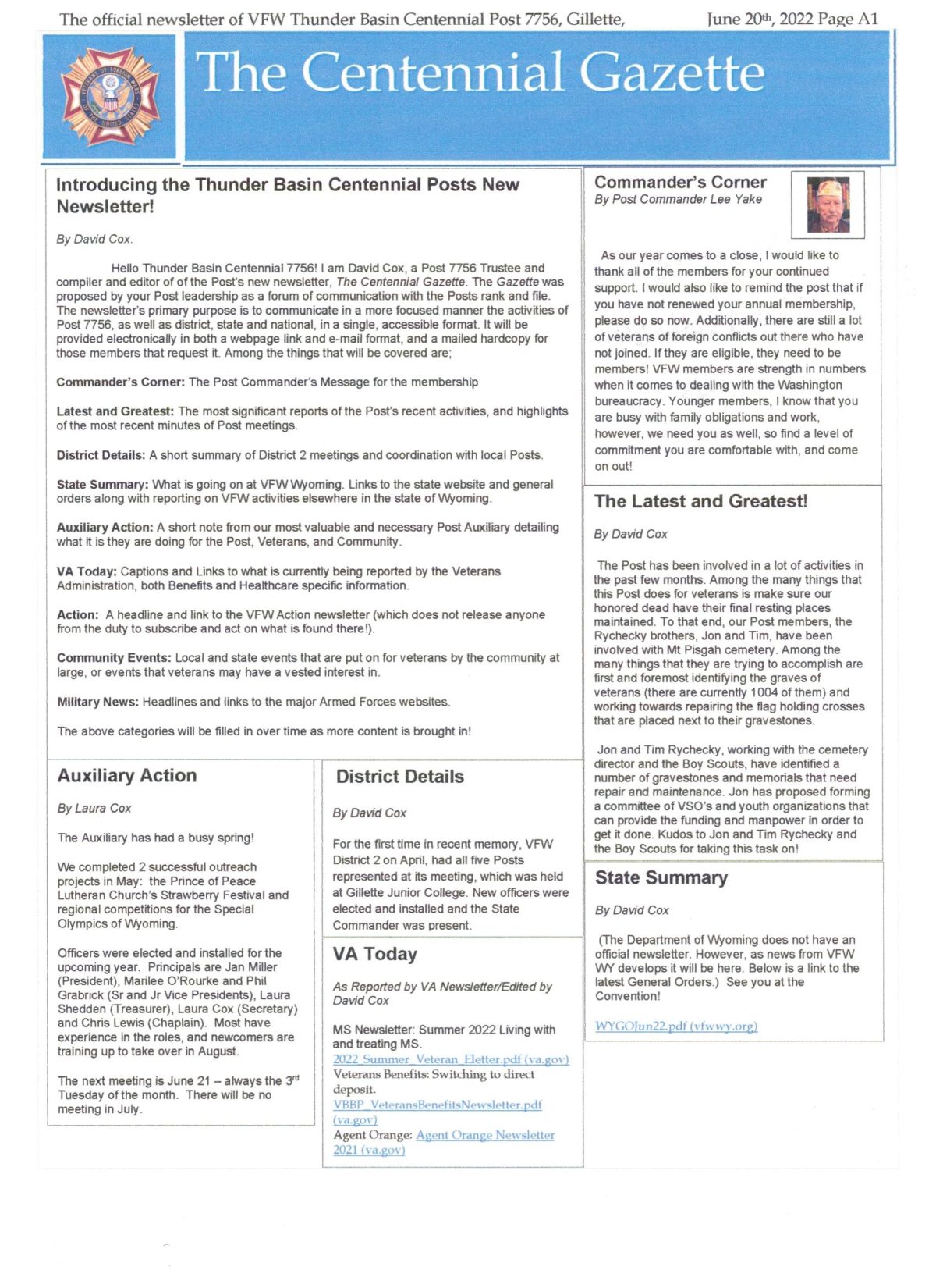 Quarterly News Letter VFW THUNDER BASIN CENTENNIAL POST 7756